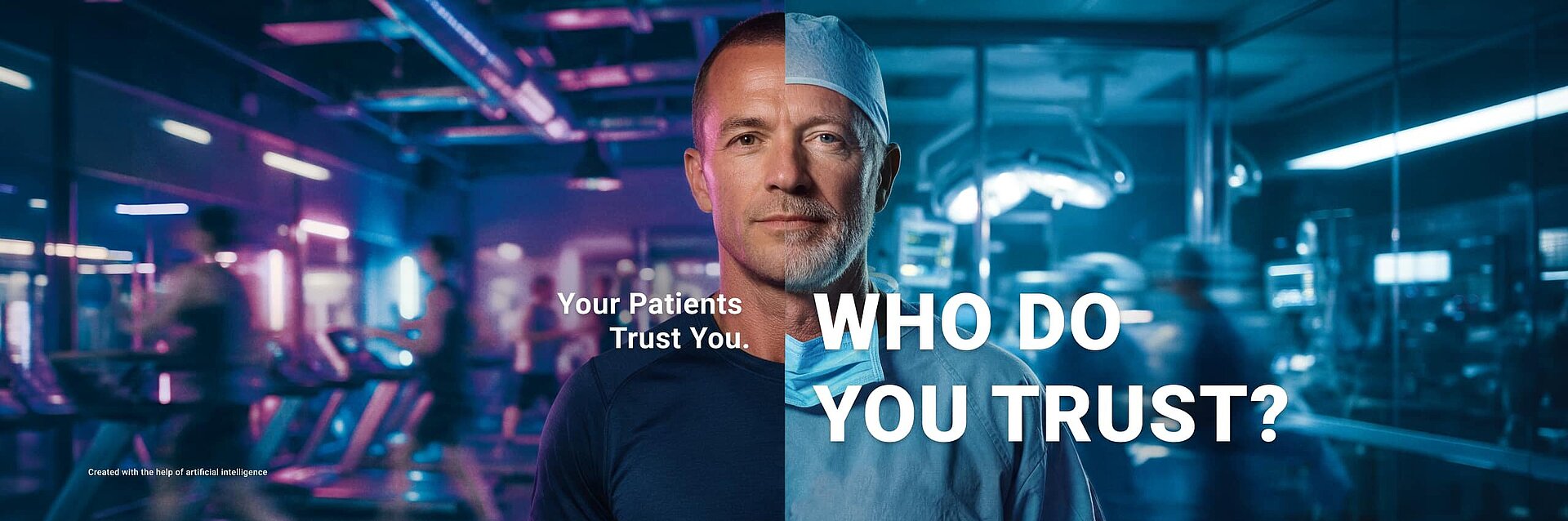 Split-portrait of a man shown as both an athlete who could be a potential patient and an orthopedic surgeon, with the text "Who Do You Trust?"