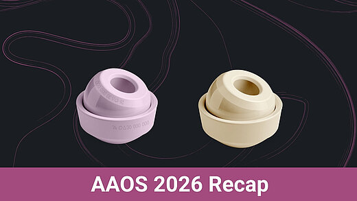 Title graphic showing two ceramic-on ceramic bearing components -BIOLOX®delta and BIOLOX®forte -positioned on a dark background with curved line elements. A purple banner at the bottom reads “AAOS 2026 Recap,” representing a summary of long‑term performance data for BIOLOX®delta and BIOLOX®forte ceramic bearings in total hip arthroplasty.