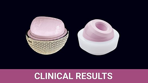 BIOLOX®delta CoC monoblock acetabular cup with titanium mesh shell alongside a ceramic-on-polyethylene modular cup; labeled Clinical Results.