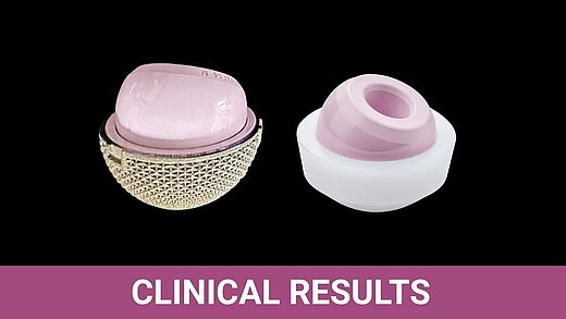 BIOLOX®delta CoC monoblock acetabular cup with titanium mesh shell alongside a ceramic-on-polyethylene modular cup; labeled Clinical Results.