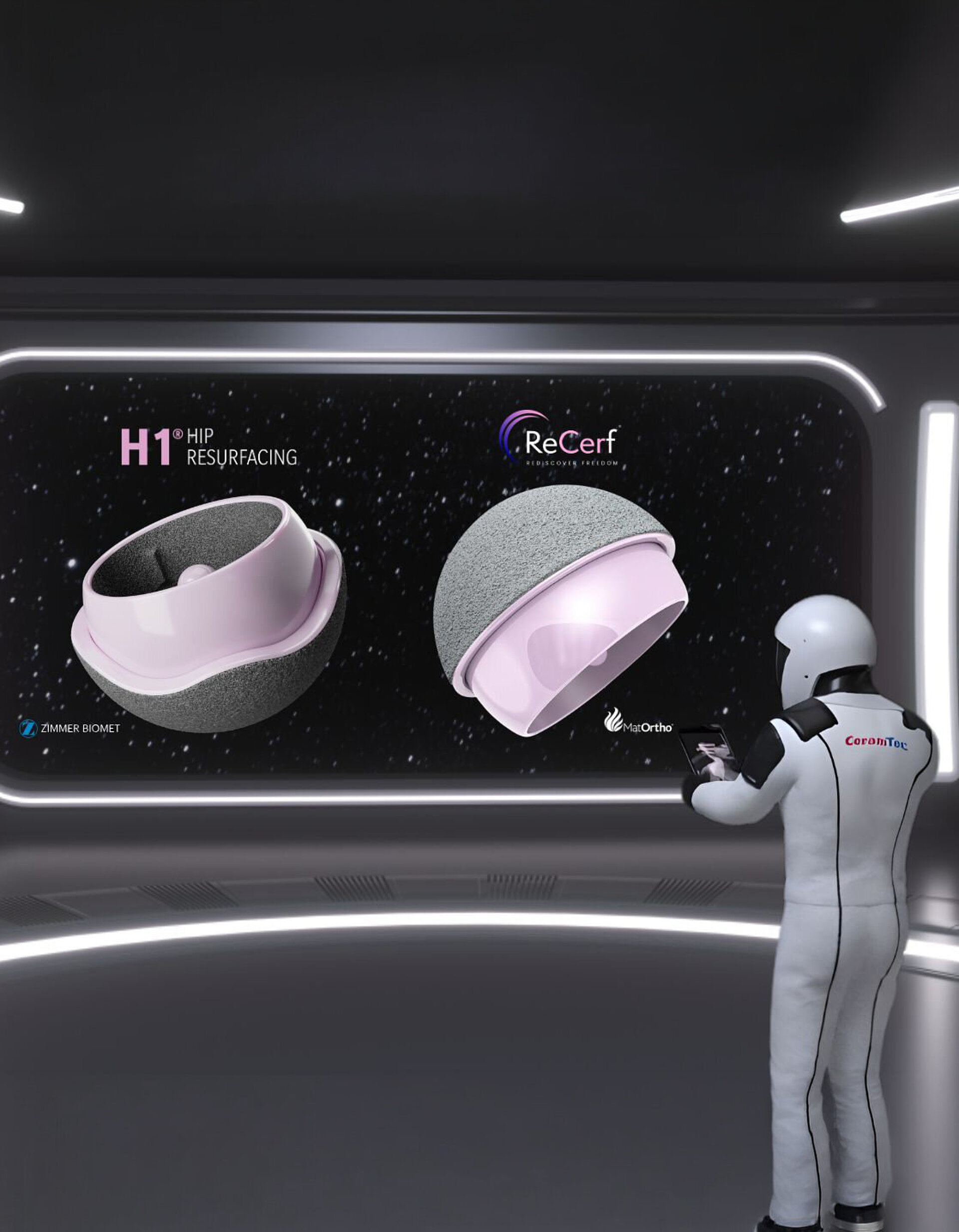 Futuristic exhibition scene showing a CeramTec‑astronaut standing in a ISS while viewing a digital display of ceramic-on-ceramic hip resurfacing components labeled H1® Hip Resurfacing and ReCerf®, promoting attendance at the British Hip Society meeting, Stand B17 in London, March 18–20 2026