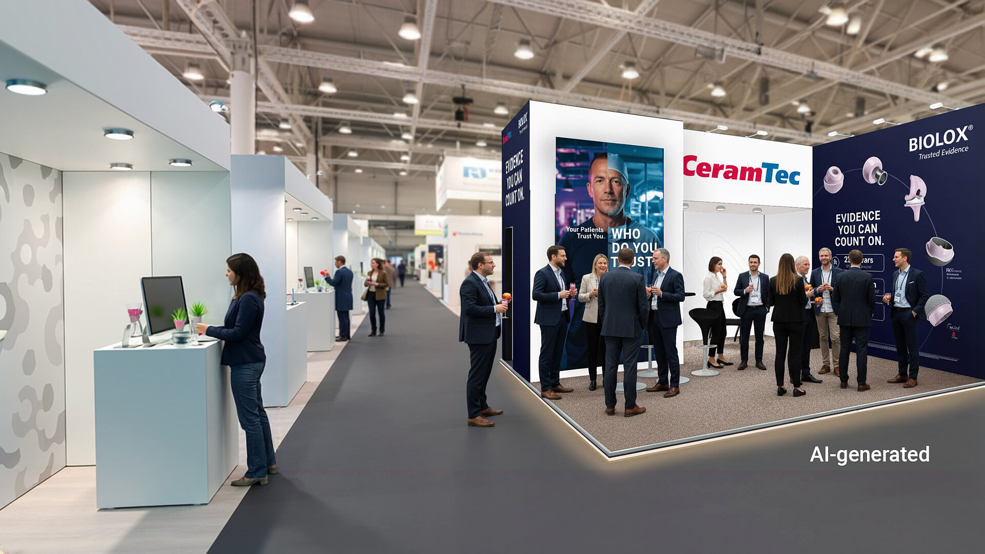 AI-generated illustration of professionals networking at the CeramTec and BIOLOX® booth during DKOU 2026 in Berlin.