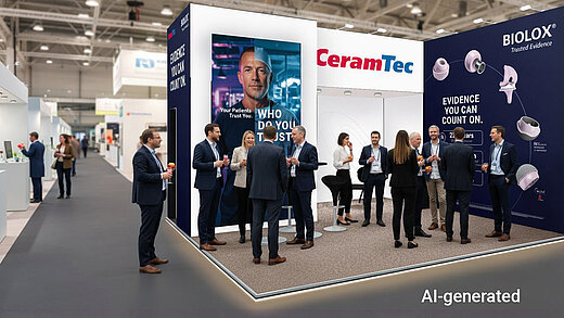 KI-generierte Darstellung von Fachbesucherinnen und Fachbesuchern beim BIOLOX® Get-together am CeramTec Stand auf dem DKOU 2026.