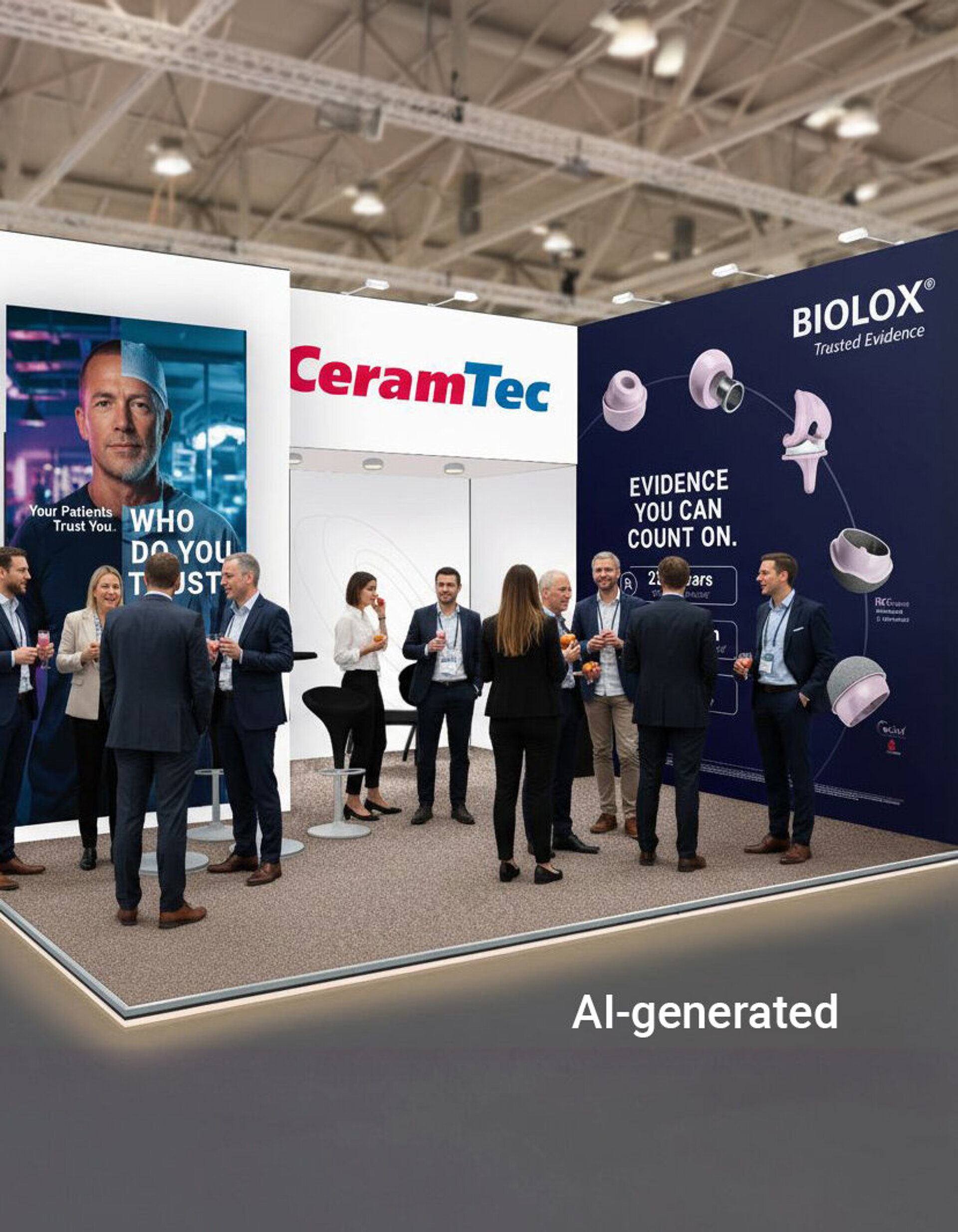 AI-generated illustration of professionals networking at the CeramTec and BIOLOX® booth during DKOU 2026 in Berlin.