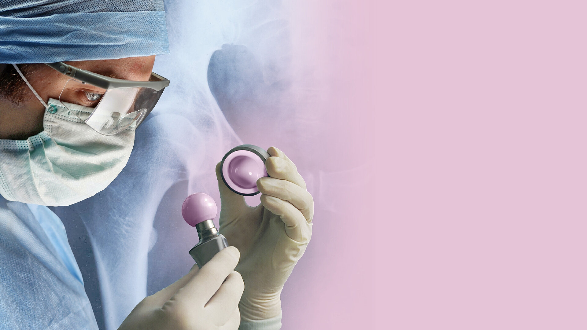 Medical professional in surgical attire holding a pink BIOLOX® ceramic femoral head and insert against a soft blue‑pink background, promoting participation at the SFHG Congress in Nantes and inviting attendees to visit our workshop.