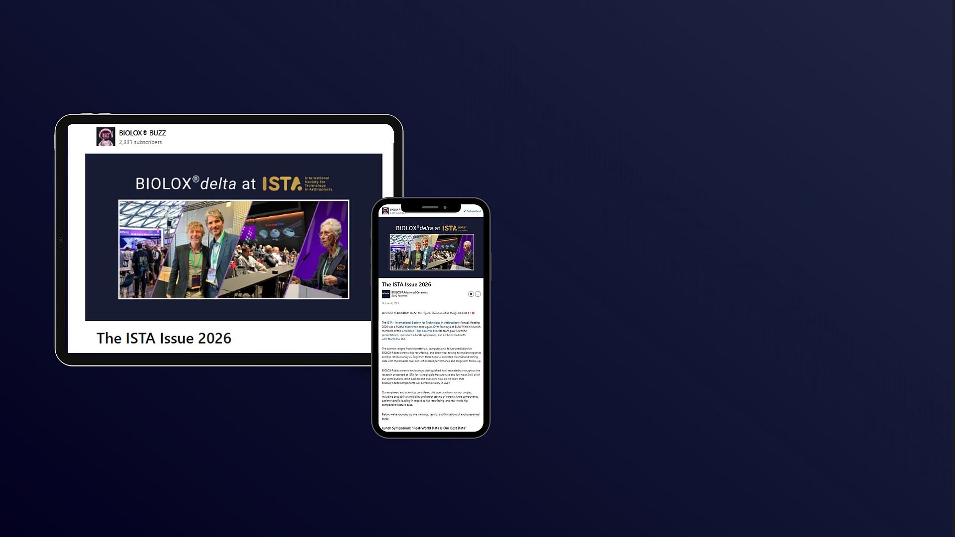 Tablet and smartphone display the BIOLOX® BUZZ ISTA 2026 newsletter featuring BIOLOX® delta.