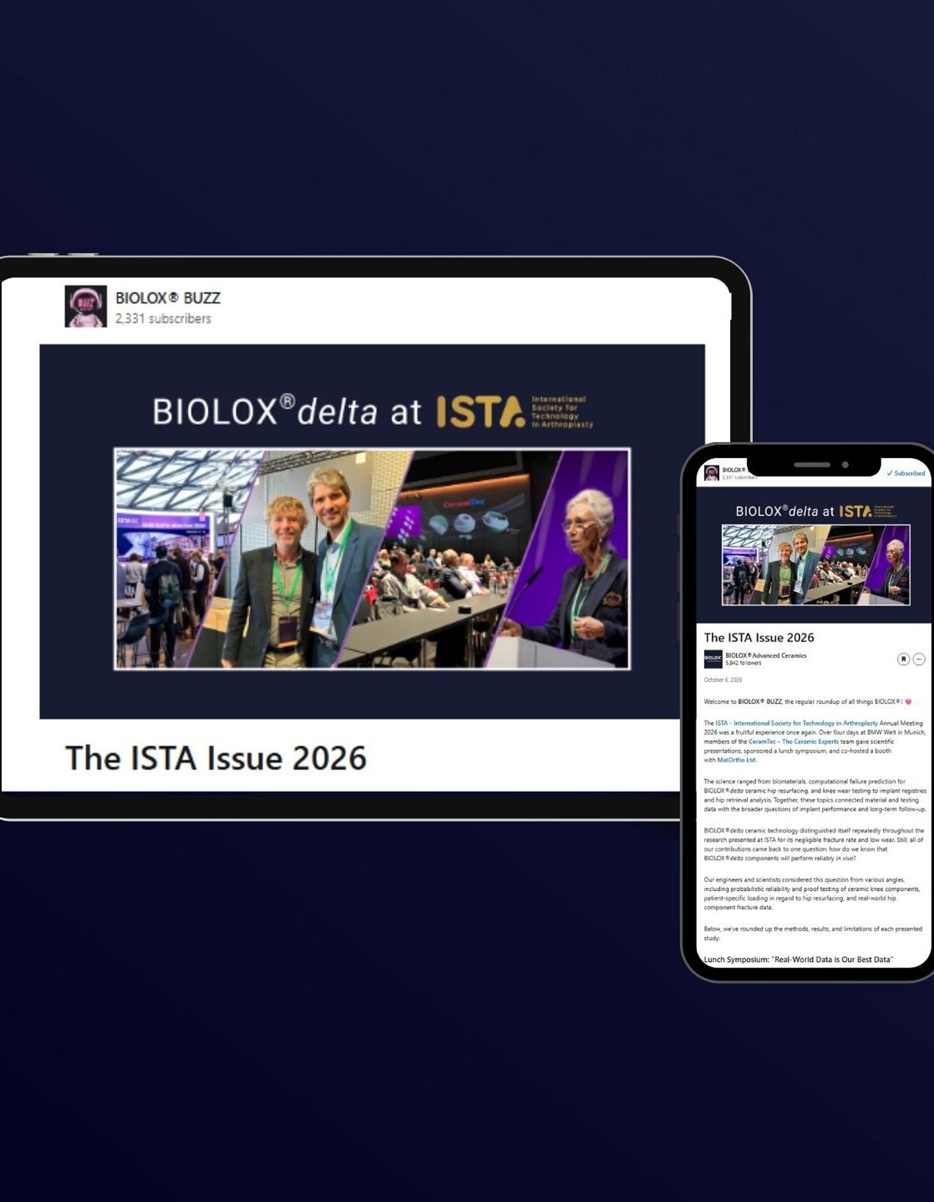 Tablet und Smartphone zeigen den BIOLOX® BUZZ Newsletter zur ISTA 2026 mit BIOLOX® delta.