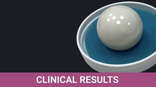 Ceramic femoral head in a white acetabular cup, labeled Clinical Results — illustrating Prozyr® zirconia-on-polyethylene bearing in THA.