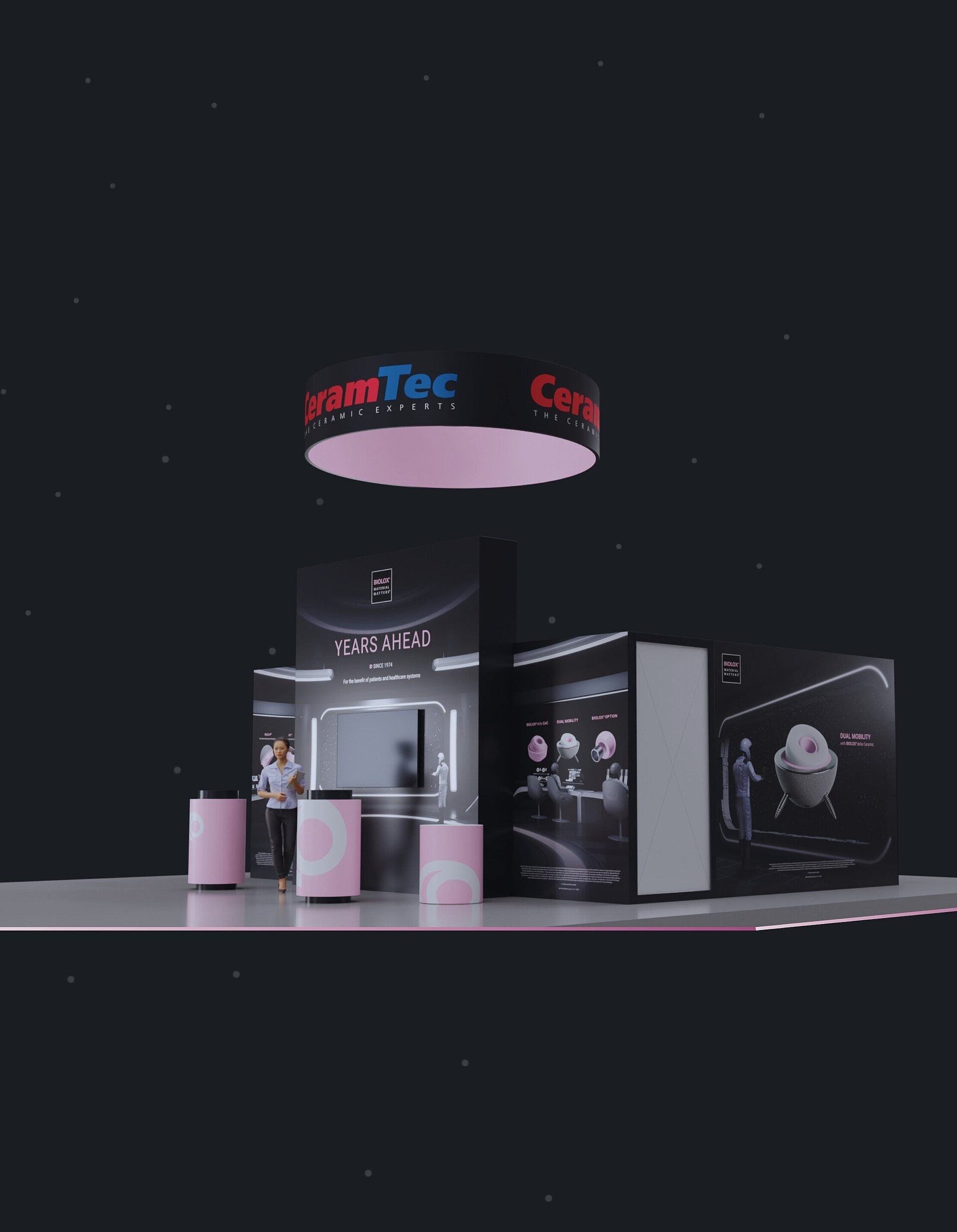 Exhibition booth displaying advanced orthopedic ceramic materials and implant technologies, presented at AAOS 2026 in New Orleans, USA.