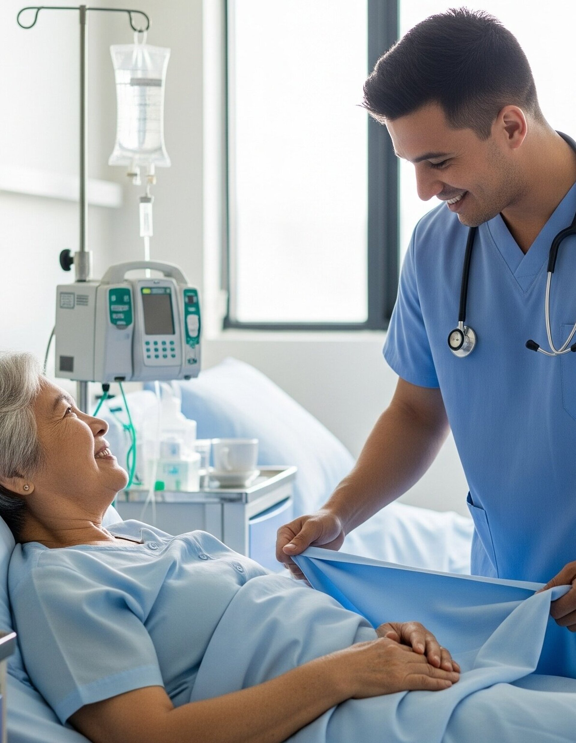 Fürsorglicher männlicher Krankenpfleger richtet Krankenhausbettlaken für eine lächelnde ältere Patientin