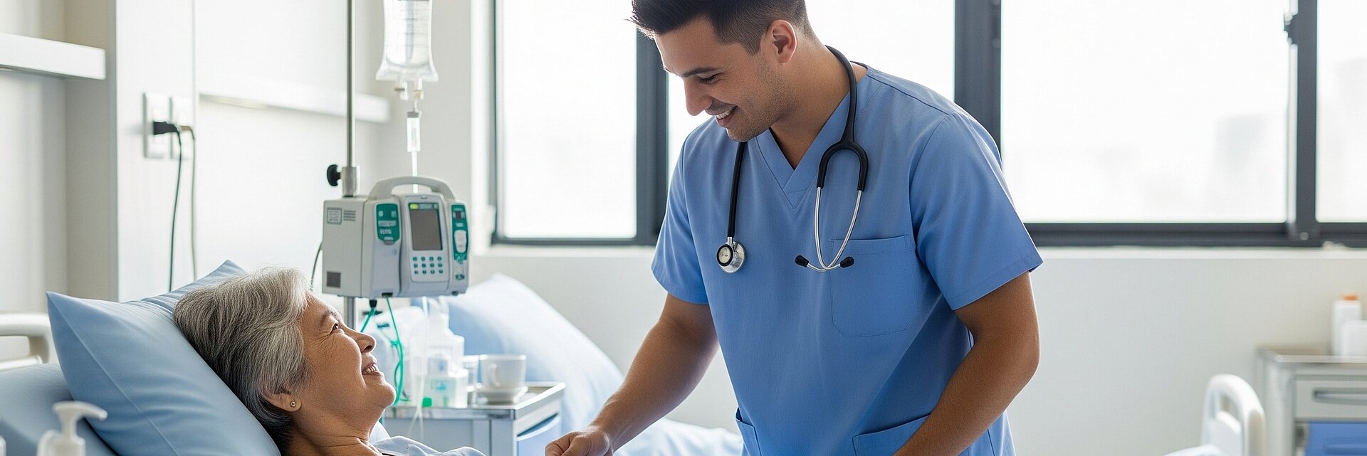 Caring male nurse adjusting hospital bed sheets for a smiling senior female patient 
