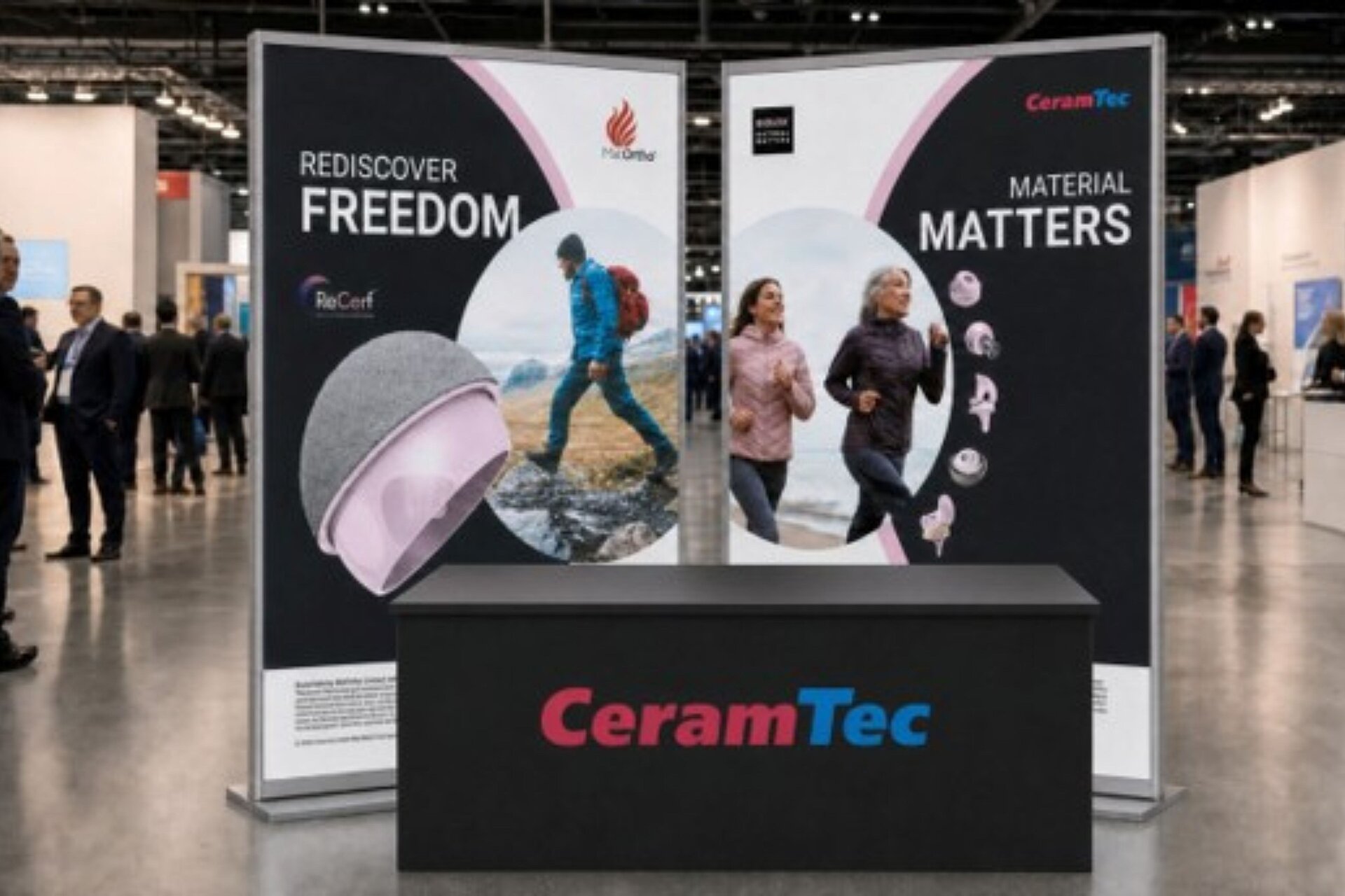 CeramTec exhibition stand with MatOrtho ReCerf® hip resurfacing and BIOLOX® delta ceramic displays.