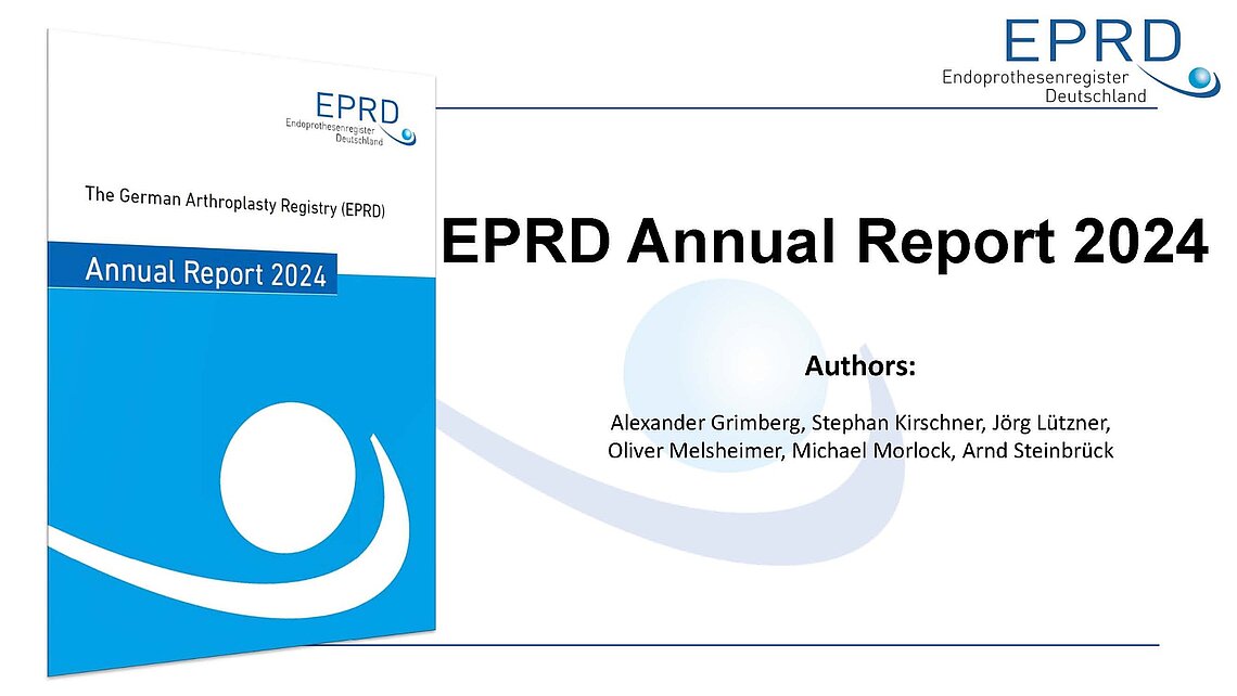 Cover and title page of the EPRD Annual Report 2024 from the Endoprosthesis Registry Germany, highlighting key authors and the theme “With Safety More Quality”.