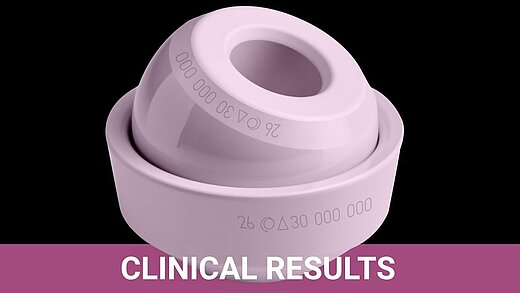 3D render of a BIOLOX® ceramic femoral head and acetabular insert as a ceramic-on-ceramic bearing pair, labeled Clinical Results