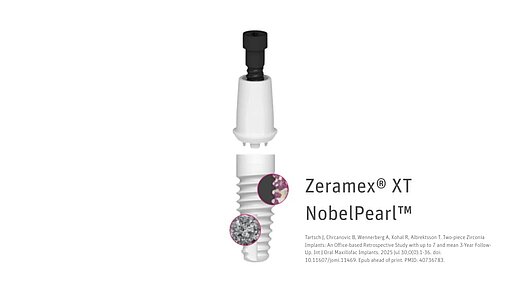 Darstellung zweiteiliger Zirkoniumdioxidimplantate  Zeramex® XT und NobelPearl™ mit Fokus auf Implantatstruktur und Materialeigenschaften, basierend auf einer klinischen 7-Jahres-Studie mit 98,2 % Überlebensrate und stabilen periimplantären Gewebeverhältnissen.