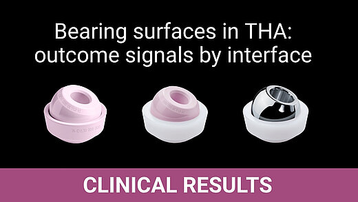 Three THA bearing interfaces side by side: ceramic-on-ceramic, ceramic-on-polyethylene, and metal-on-polyethylene components