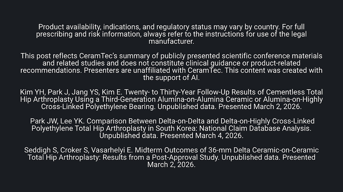 Full‑screen text slide containing regulatory information, product availability notes, and scientific disclaimers, followed by three study references: Kim et al. on 20–30‑year outcomes of cementless THA; Park et al. on Delta‑on‑Delta vs Delta‑on‑HXLPE registry data; and Seddigh et al. on post‑approval outcomes of 36‑mm Delta ceramic‑on‑ceramic THA. The slide notes that the content summarizes publicly presented scientific materials and includes references to unpublished data.