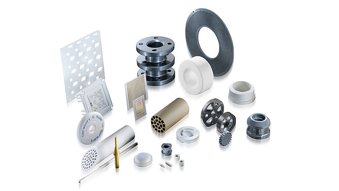 Various products and applications made of structural ceramics on a white background