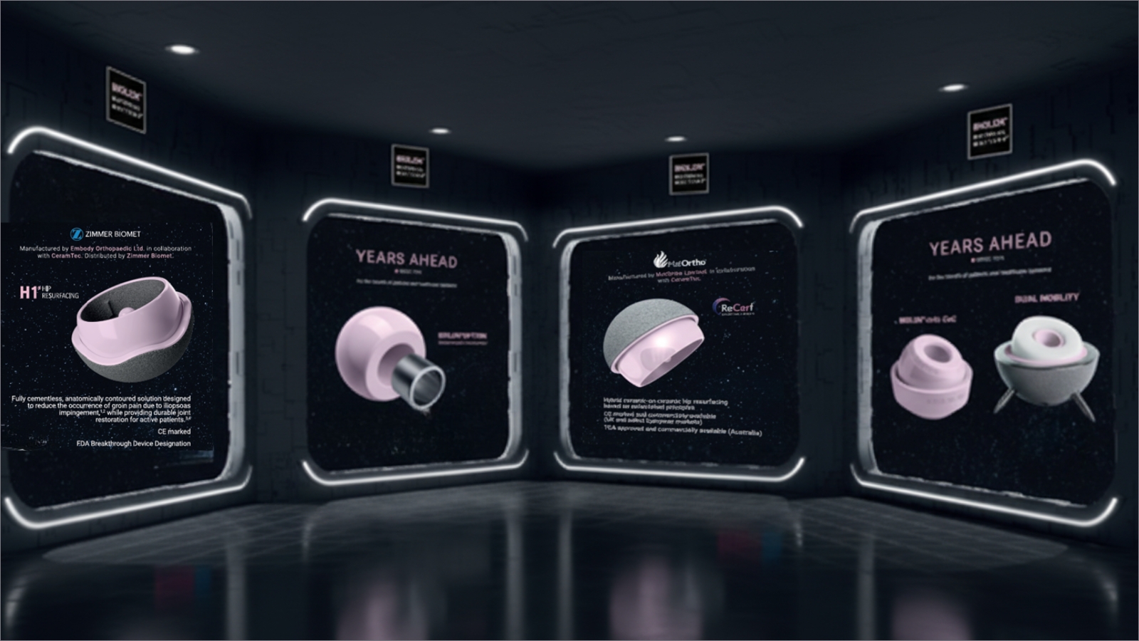 Virtual exhibition displaying BIOLOX® ceramic hip implant systems including resurfacing, CoC bearing, and dual mobility components