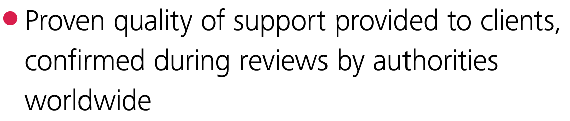  Proven quality of support provided to clients, confirmed during reviews by authorities worldwide
