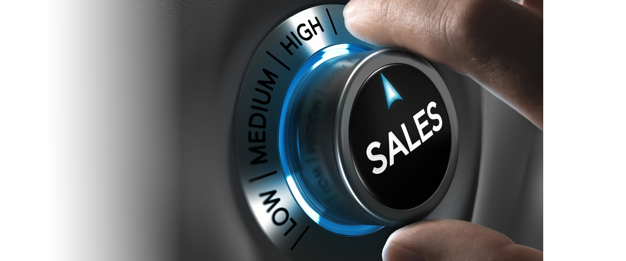 Sales button pointing the highest position with two fingers, blue and grey tones, Conceptual image for sales strategyor performance